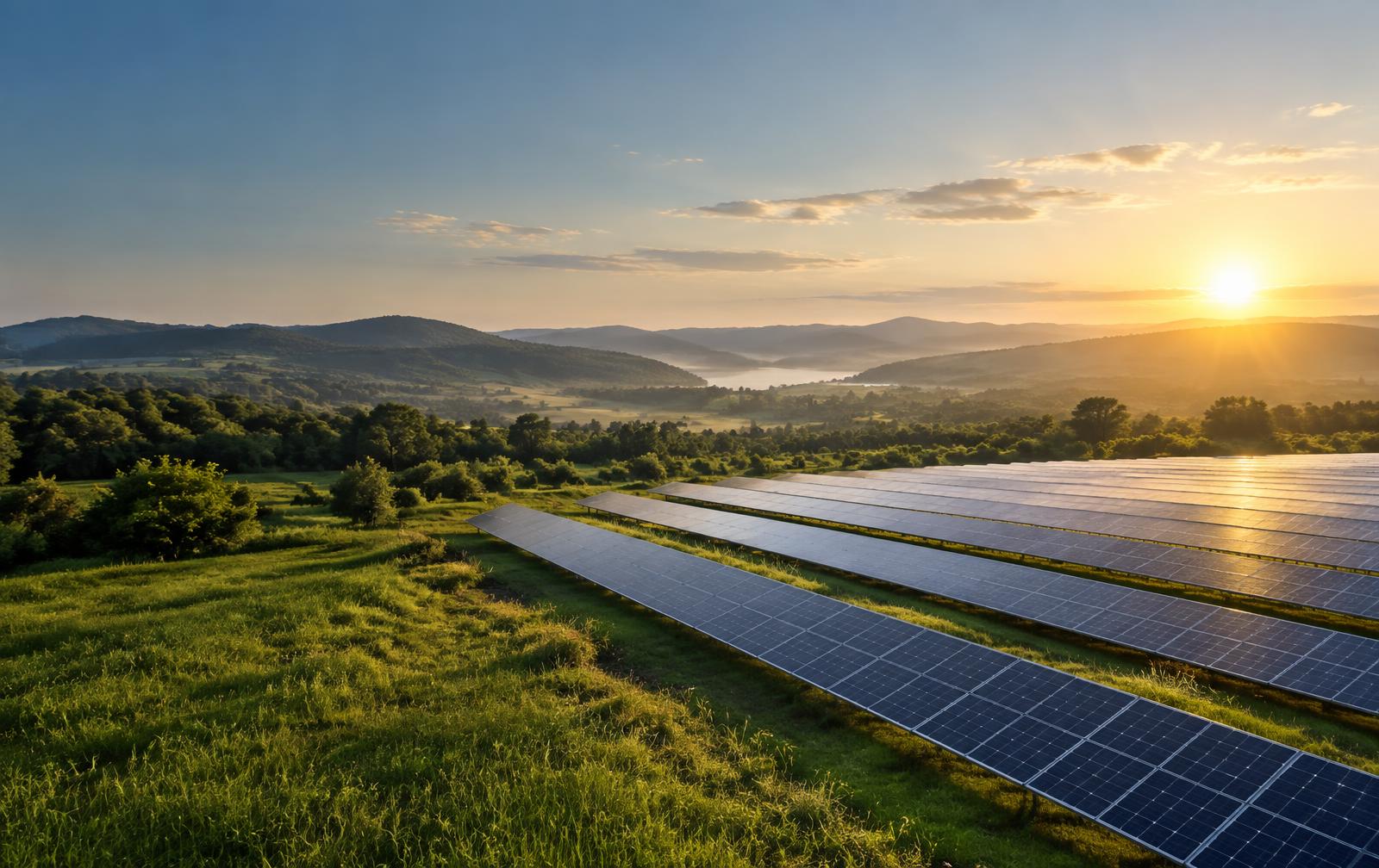 Painéis solares em uma área verde sob céu aberto